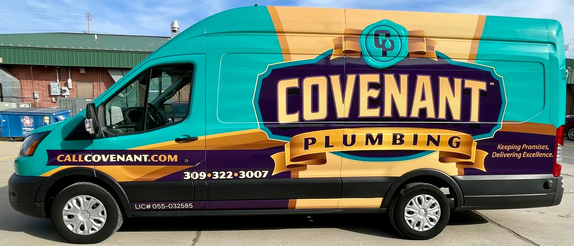 Covenant Plumbing Ford Transit service van with teal, gold, and purple full wrap installed by Simply Divine Signs & Wraps in Bloomington, IL.
