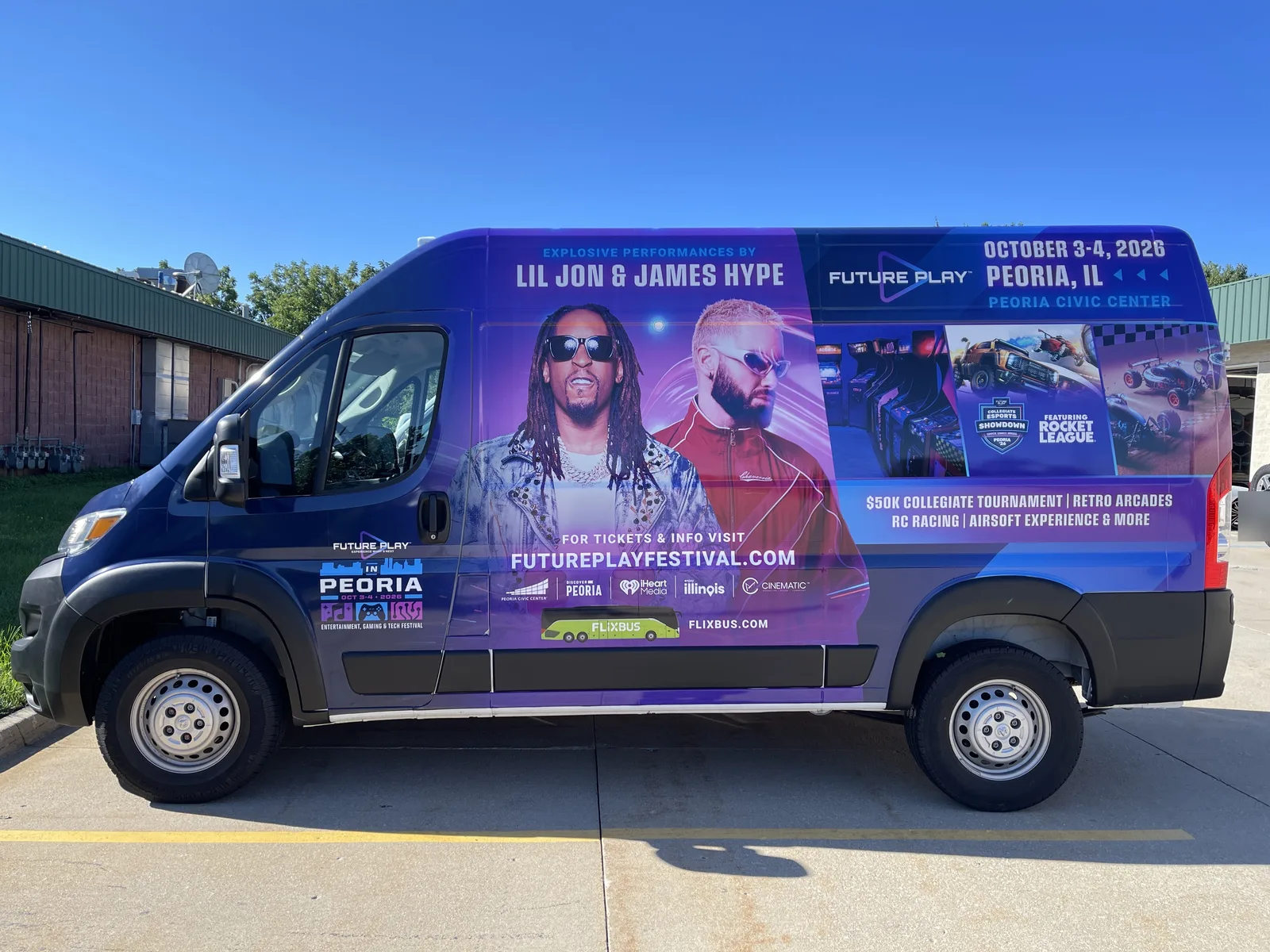 Purple and blue full wrap on a Ram ProMaster van promoting the Future Play Festival