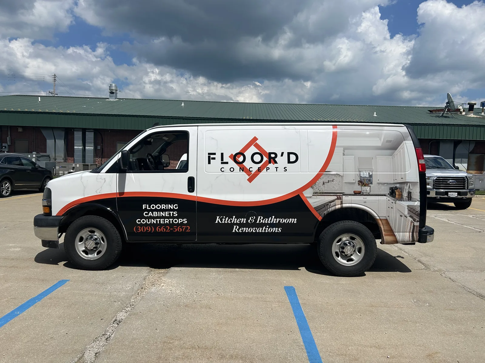 Floor'd Concepts Chevy Express cargo van with kitchen photography and marble field, Bloomington, IL.