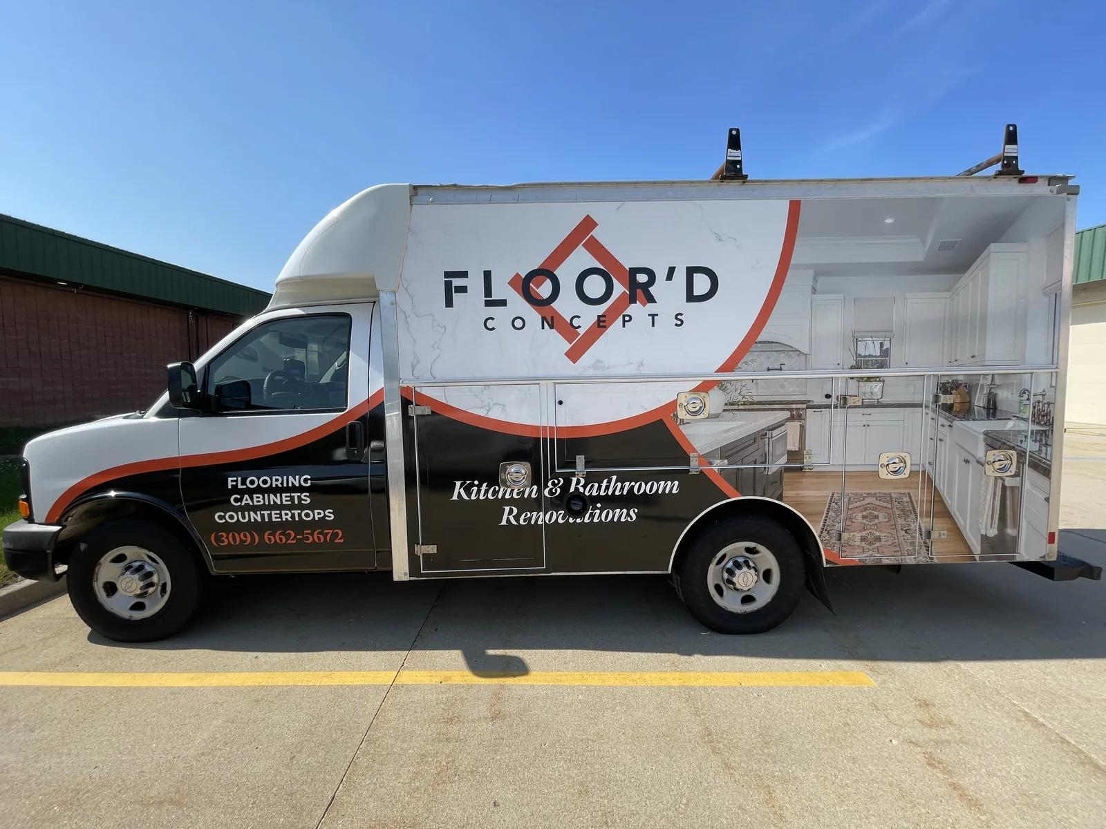 Floor'd Concepts service van with kitchen photography running across the compartment doors, Bloomington, IL.