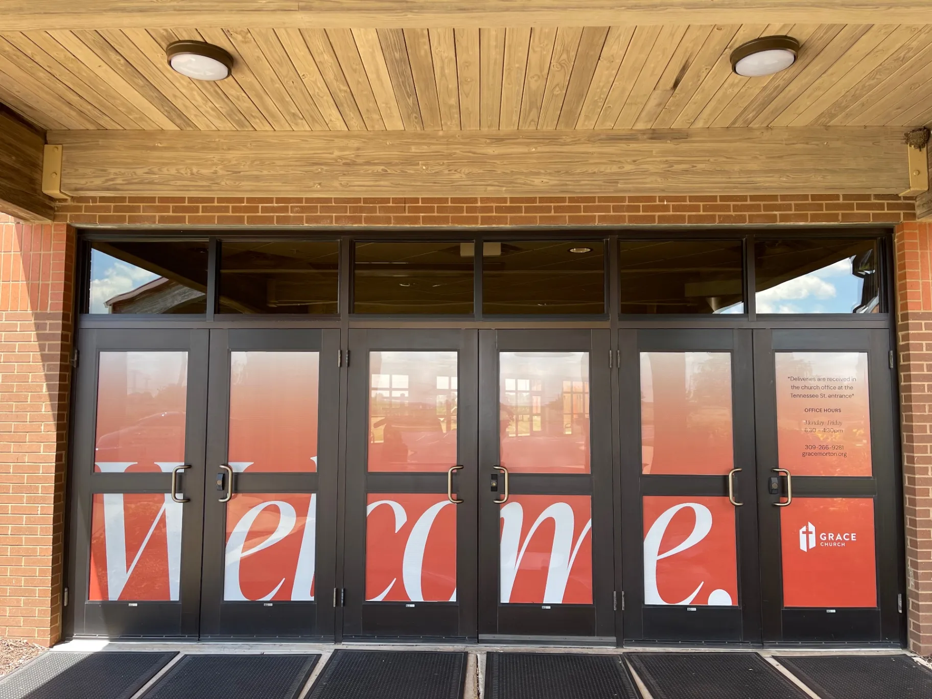 Grace Church — Welcome entrance window graphics