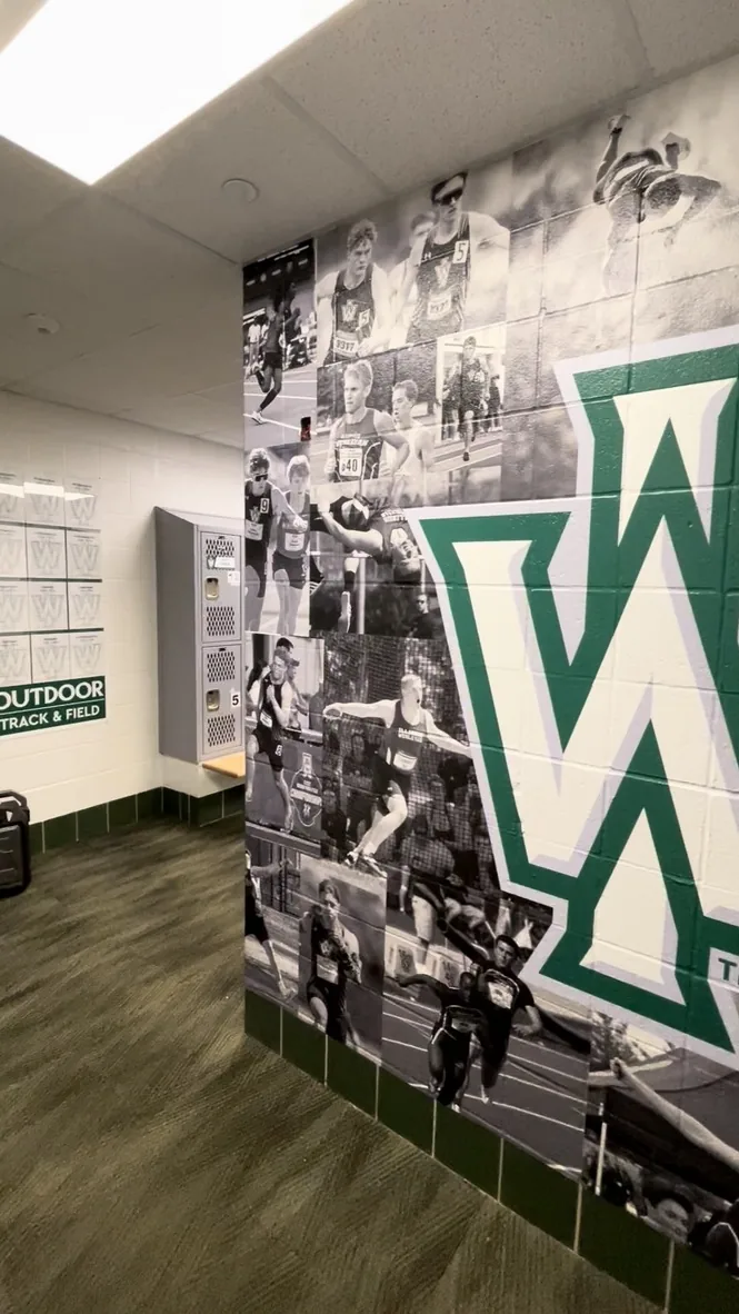 Photo mural carried around an interior corner in an Illinois Wesleyan track and field locker room, Bloomington, IL.