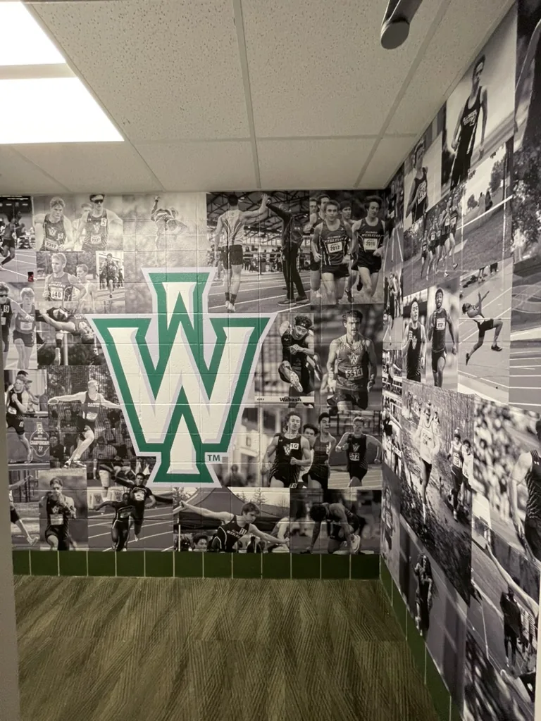 Photo-mosaic wall mural in the Illinois Wesleyan men's track and field locker room, Bloomington, IL.