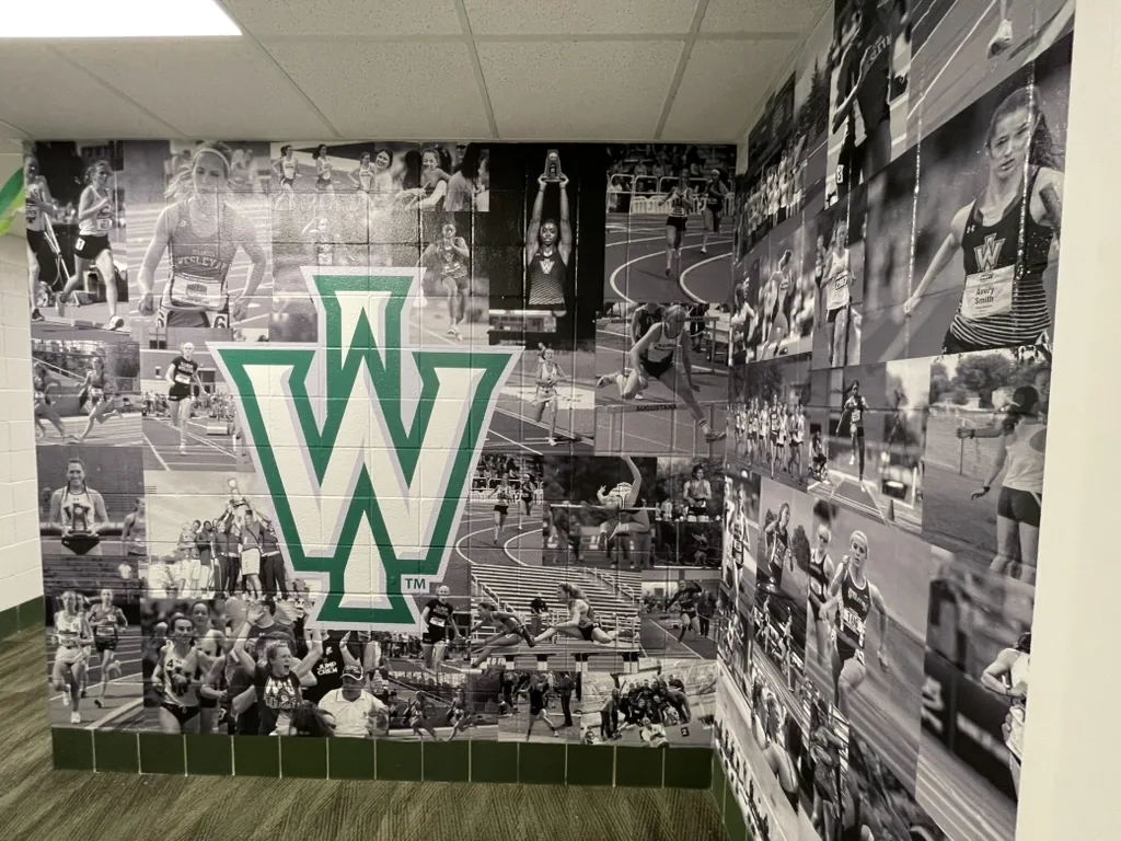 Photo-mosaic wall mural in the Illinois Wesleyan women's track and field locker room, with the Titan W logo over tiled athlete photography, Bloomington, IL.