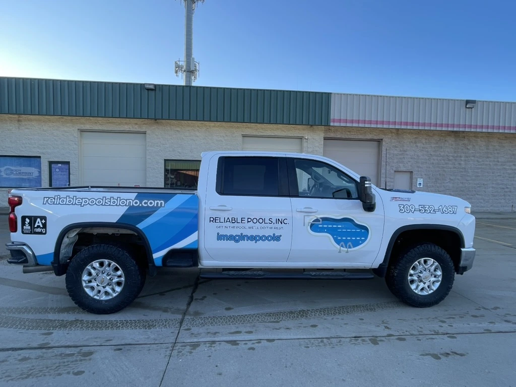 Reliable Pools, Inc., Pool service pickup branding