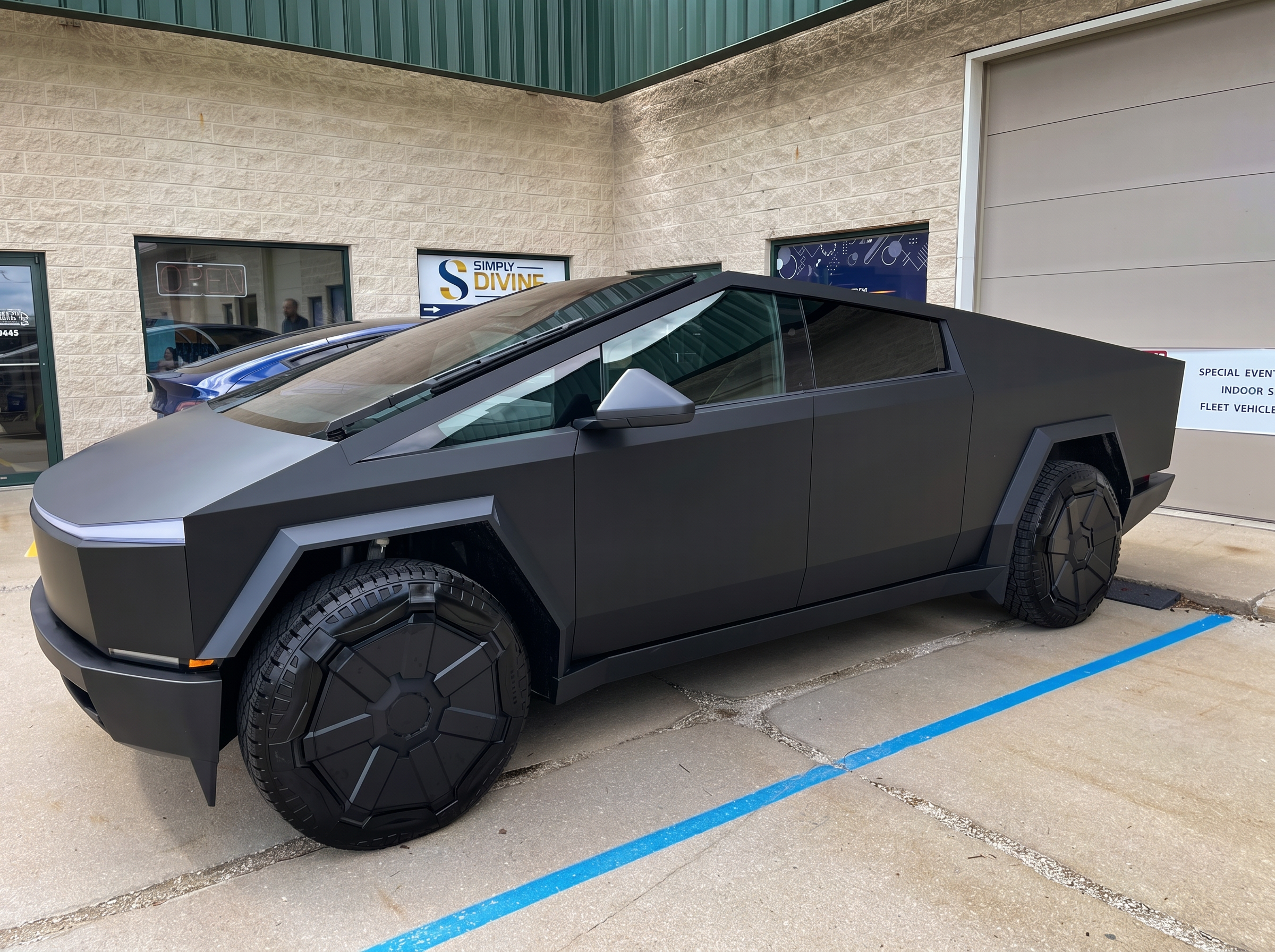Matte black full wrap on a Tesla Cybertruck installed in Bloomington, IL