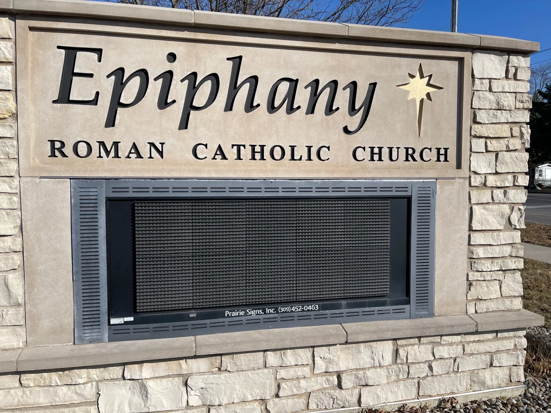 Epiphany Roman Catholic Church monument sign before the digital display upgrade by Simply Divine Signs & Wraps.